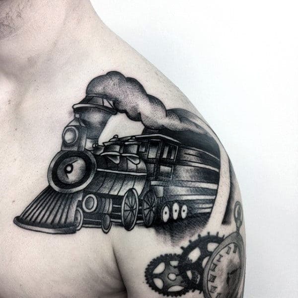 Upper Shoulder Mens Rail Road Crossing Train Tattoo
