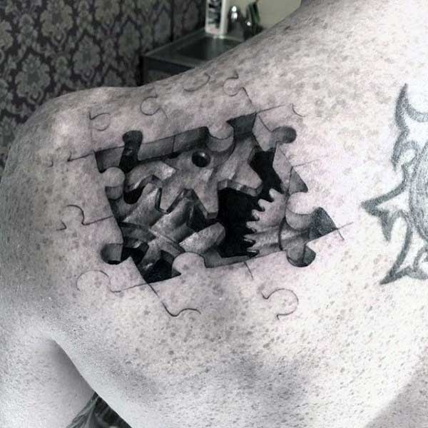 Upper Shoulder Puzzle Piece Mens Tattoo With 3d Realistic Gears