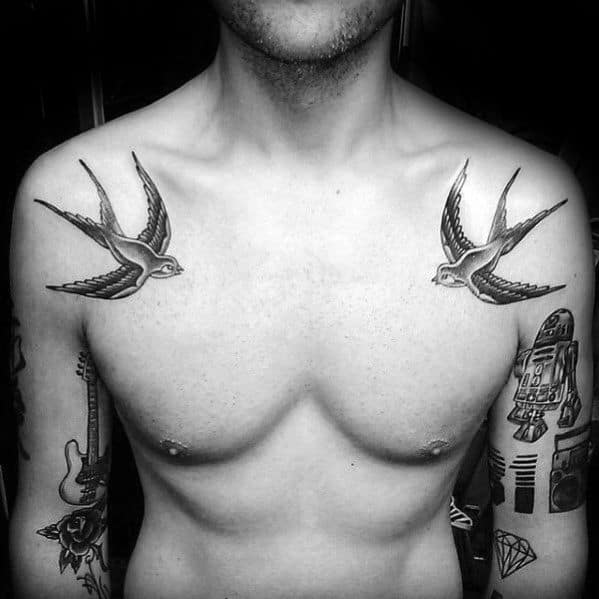 Upper Shoulders Male Traditional Birds Flying Tattoo
