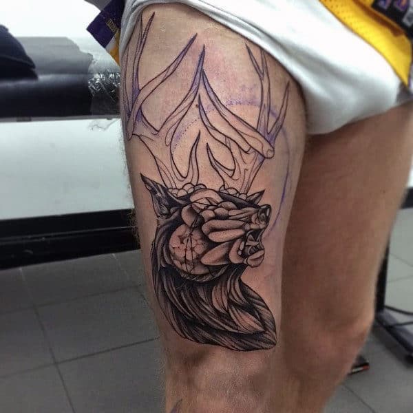 Upper Thigh Antler Tattoo Designs For Guys