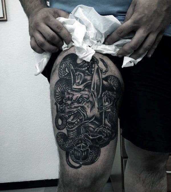 Upper Thigh Anubis Tattoos For Men