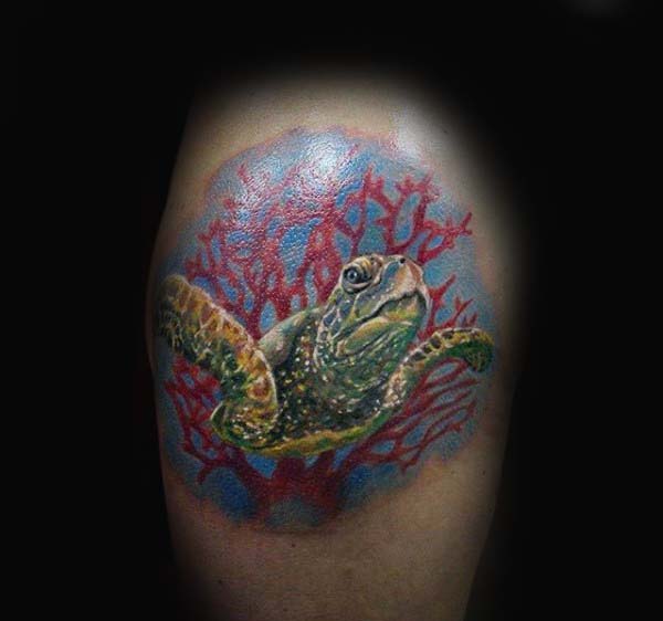 Upper Thigh Guys Red Coral Reef With Turtle Tattoo