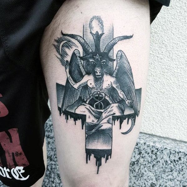 Upside Down Cross Baphomet Mens Thigh Tattoos