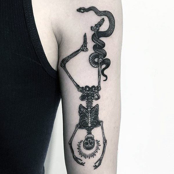 Upside Down Skeleton With Snake Back Of Arm Awesome Tarot Tattoos For Men