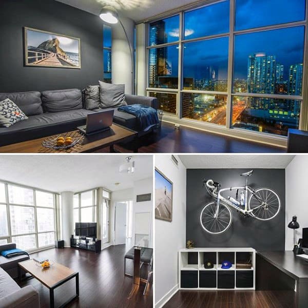 Urban loft space with city views, modern furniture, and bike wall storage.