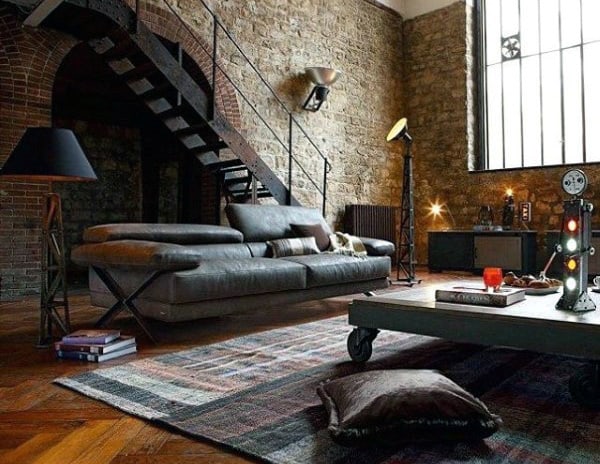 vintage masculine living space gray couch coffee table with wheels 