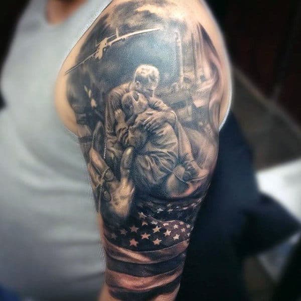 Us Flag Solider Comforting Fallen Army Mens Half Sleeve Tattoos