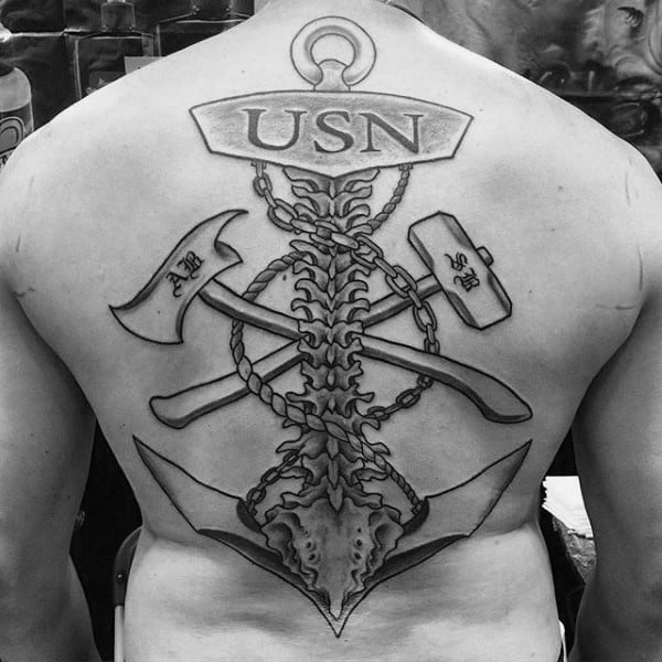 Usn Mens Spine And Back Navy Tattoo Design Ideas