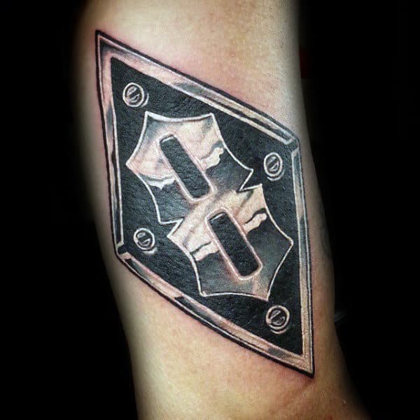 V8 Metallic Plate Mens Arm Tattoo Designs