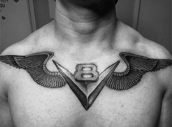 V8 Symbol With Wings Upper Chest Tattoos For Men