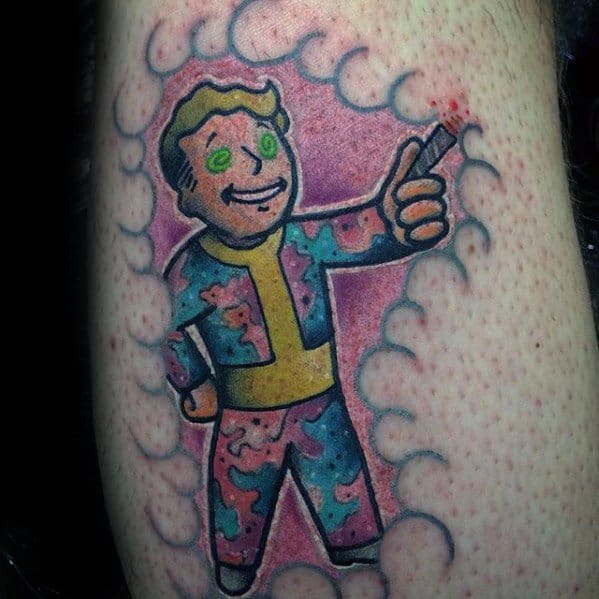 Vault Boy tattoo with glowing green eyes and a psychedelic camo jumpsuit, surrounded by a smoke-like pink and purple border.