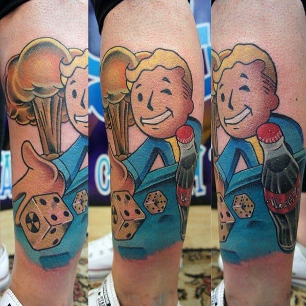Vault Boy tattoo featuring a mushroom cloud, Nuka-Cola bottle, and dice, with a bright and detailed design wrapping around the calf.