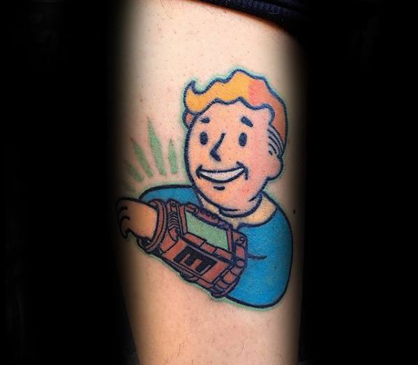 Vault Boy tattoo smiling and checking his Pip-Boy, with green light rays behind, in a clean and colorful Fallout design.
