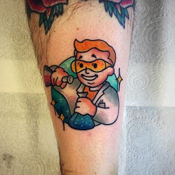 Vault Boy tattoo as a scientist in goggles and lab coat, mixing colorful potions with sparkles and a teal-blue circle background.