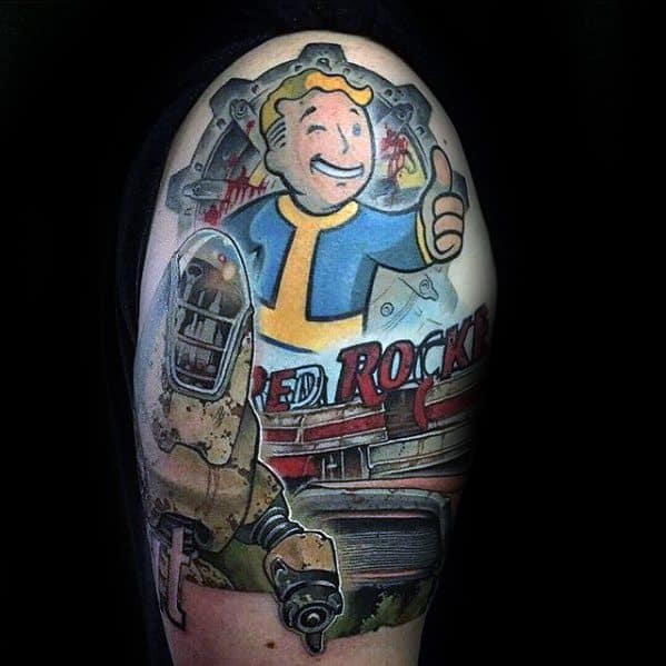 Vault Boy tattoo giving a thumbs-up above the Red Rocket station, with Power Armor and gritty Fallout elements in a detailed sleeve design.