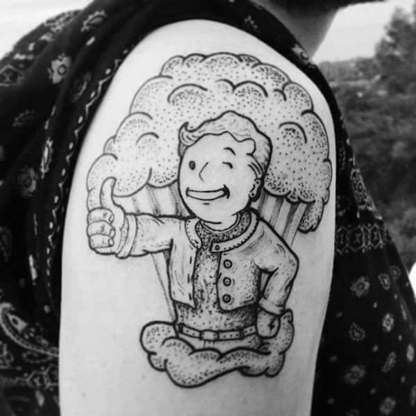 Blackwork Vault Boy tattoo with a thumbs-up, standing in a mushroom cloud with dotted shading for a bold, retro Fallout style.