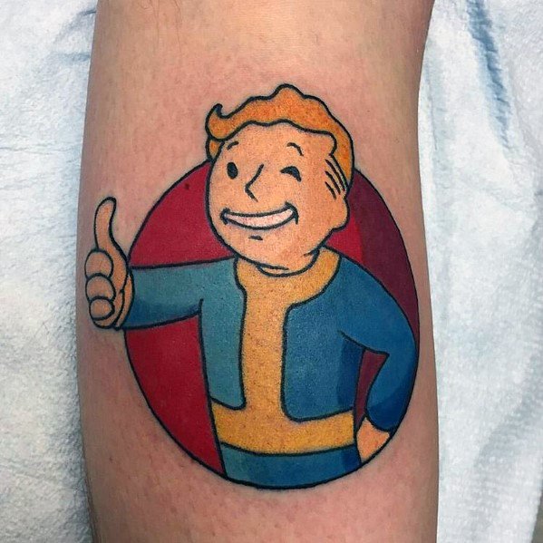 Vault Boy tattoo in classic thumbs-up pose, set inside a bold red circle with clean lines and vibrant Fallout colors.