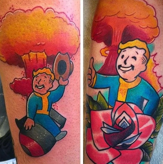 Two vibrant Vault Boy tattoos with mushroom cloud backdrops—one riding a bomb cowboy-style, the other standing beside a red rose.