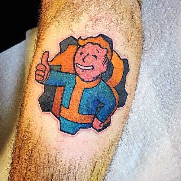 Vault Boy tattoo giving a thumbs-up in front of the Vault 13 gear door, with bright colors and bold Fallout-inspired outlines.