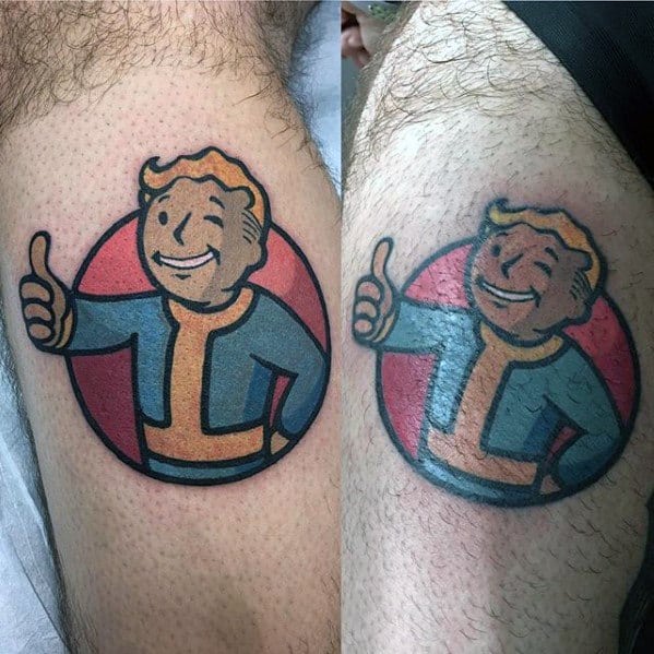 Side-by-side Vault Boy tattoos showing a fresh version and a healed version, both with a thumbs-up pose inside a red circle design.