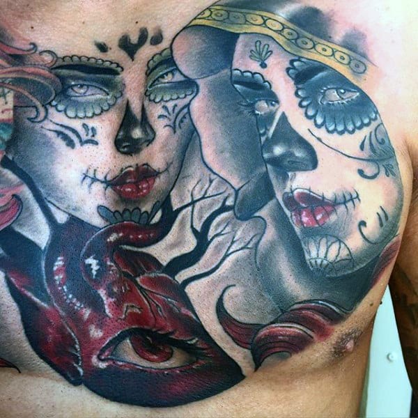 Veiled Day Of The Dead Lady Tattoo With One Eyed Heart Guys Chest