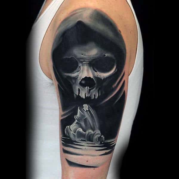 Veiled Skull And Chess Pieces Black And White Tattoo On Male Arms