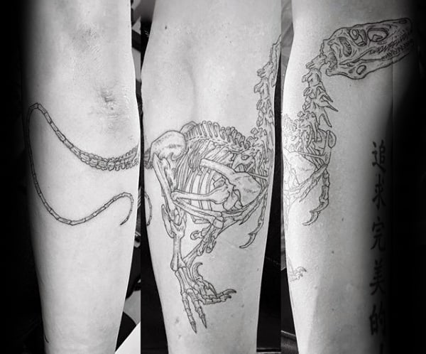 Velociraptor Skeleton Mens Outer Forearm Black Ink Outline Tattoos