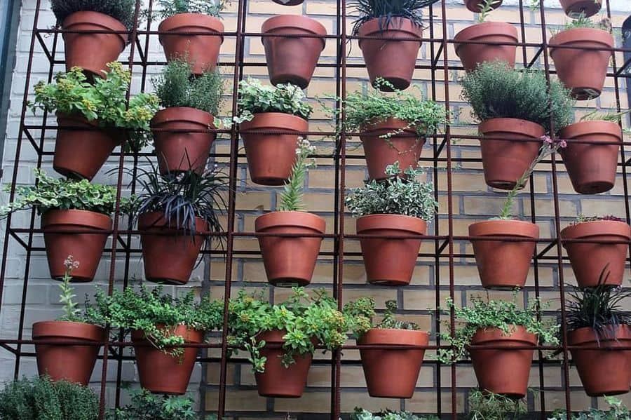 A wall-mounted vertical garden with clay pots holding various green plants in front of a brick wall