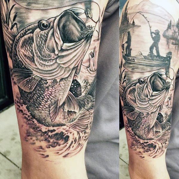 Very Detailed Fishing Bass Tattoo Black And White Linework On Man