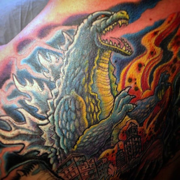 Vibrant Godzilla In City On Fire Tattoo For Gentlemen