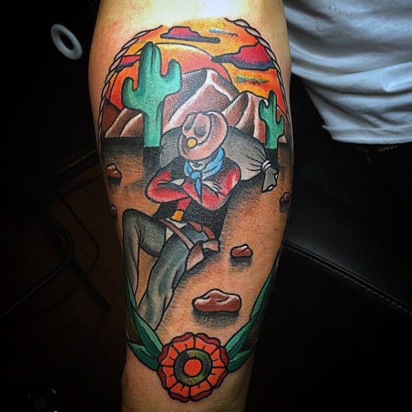 Vibrant Neo American Western Tattoo For Males With Cactus Cowboy Sailor Jerry