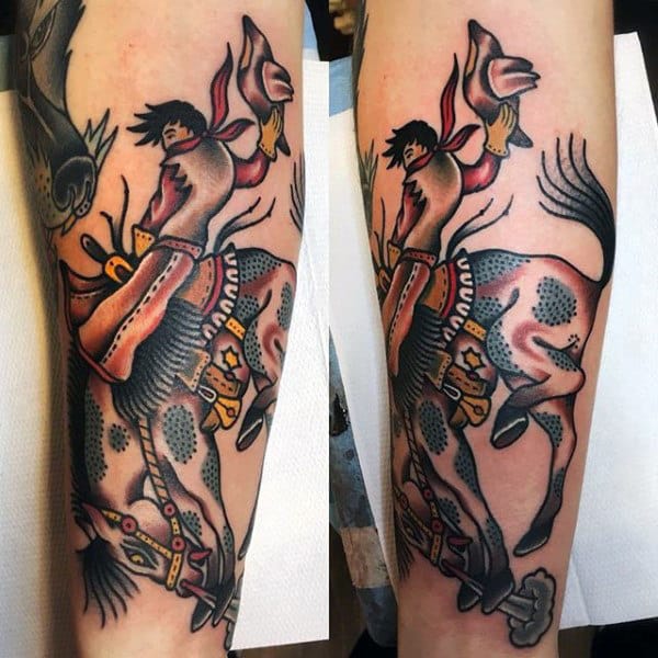 Vibrant Sailor Jerry Tattoo Of Cowboy Horseback Riding For Guys