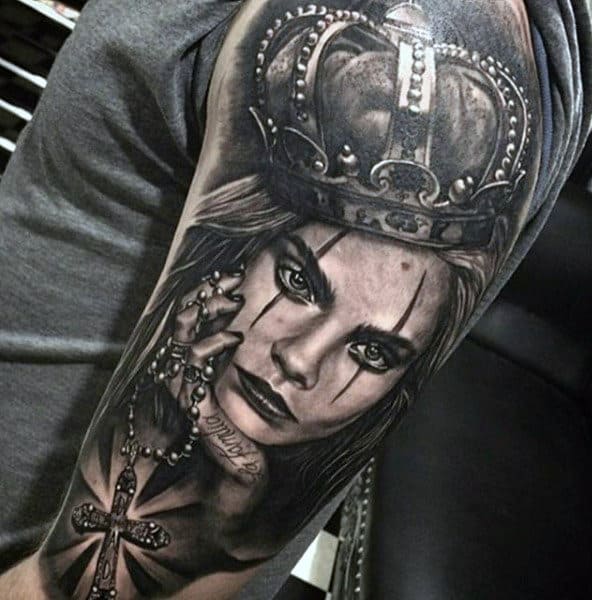 Vicious Lady With Crown And Cross Pendant Tattoo Arms For Men