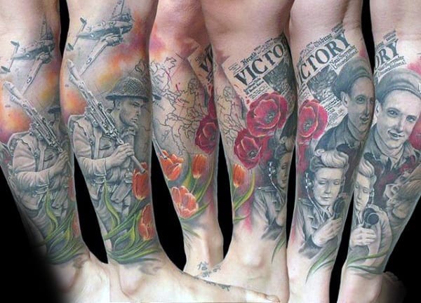 Victory Newspaper With Red Poppy Flower Ww2 Mens Leg Sleeve Tattoos