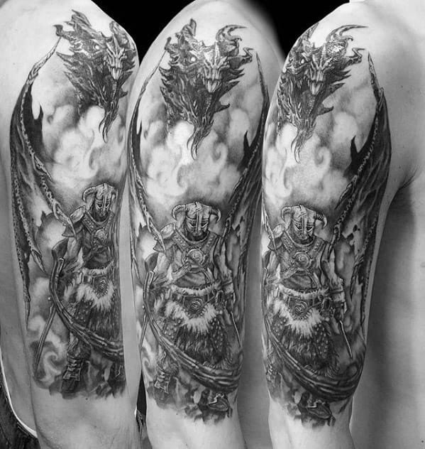 Arm tattoo of a Skyrim warrior in armor with a dragon above, in a grayscale design