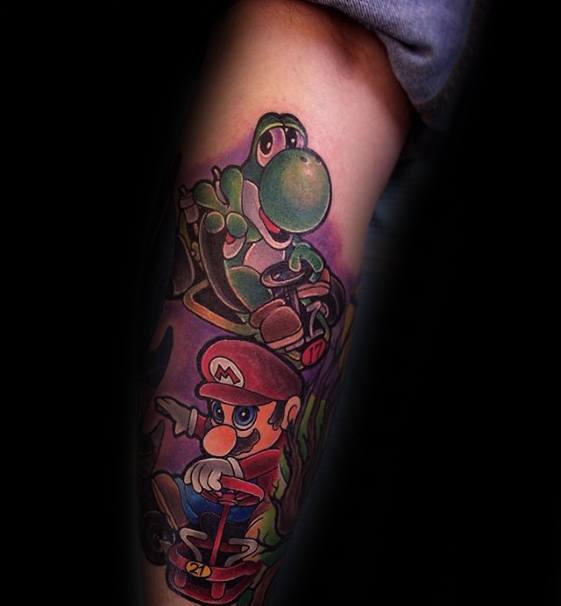 Video Game Yoshi With Mario Male Leg Sleeve Tattoos