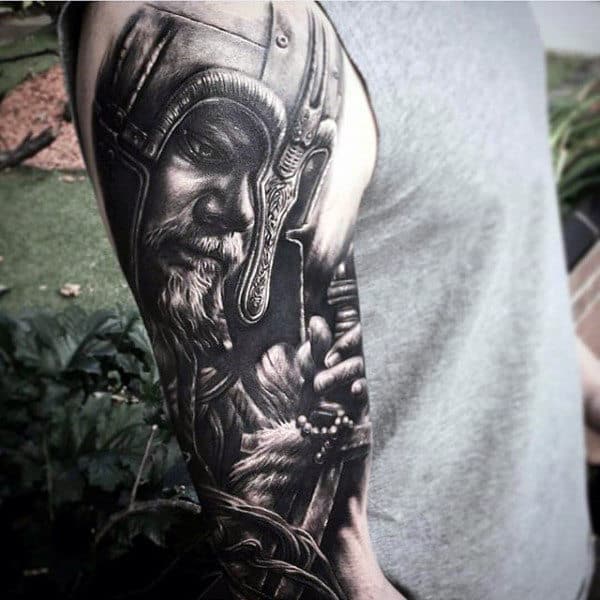 Viking Black Ink Realistic Guys Half Sleeve Tattoo Design Inspiration