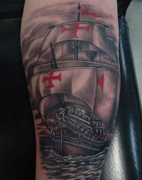 Viking Sailboat Tattoo For Males On Back Of Leg Calf