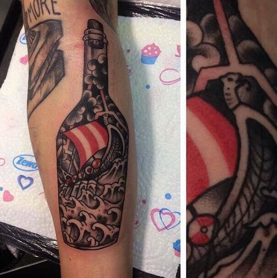Viking Ship In A Bottle With Red Ink Sails Mens Forearm Tattoos