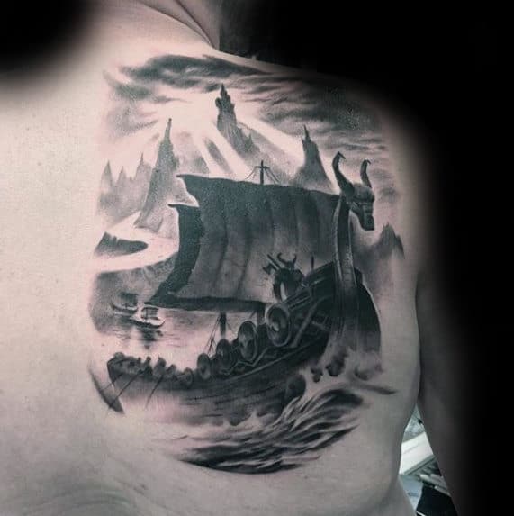 Viking Ship Mens Watercolor Cool Back Tattoo Ideas