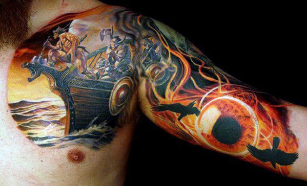 Viking Ship With Glowing Eye Sweet Inner Arm And Chest Tattoos For Guys