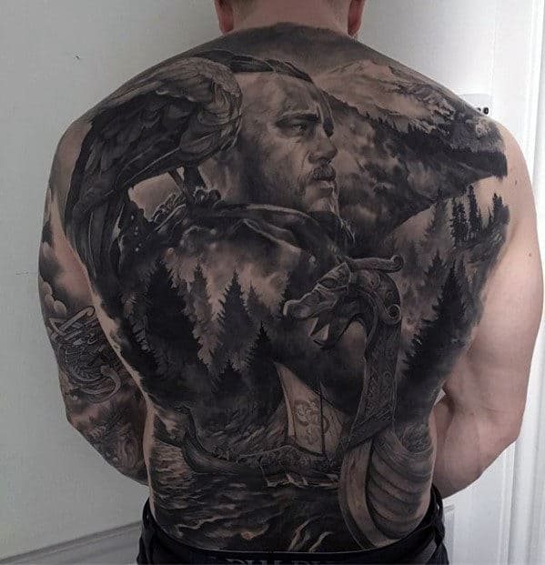 Viking Warrior With Nature Forest Mens Badass Back Tattoo
