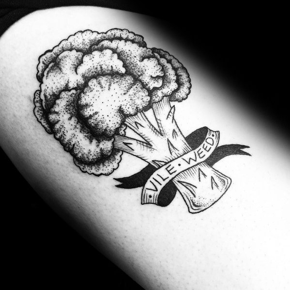 Black ink broccoli tattoo with fine dot work, featuring a vintage-style banner that reads "Vile Weed" for a humorous and artistic design.