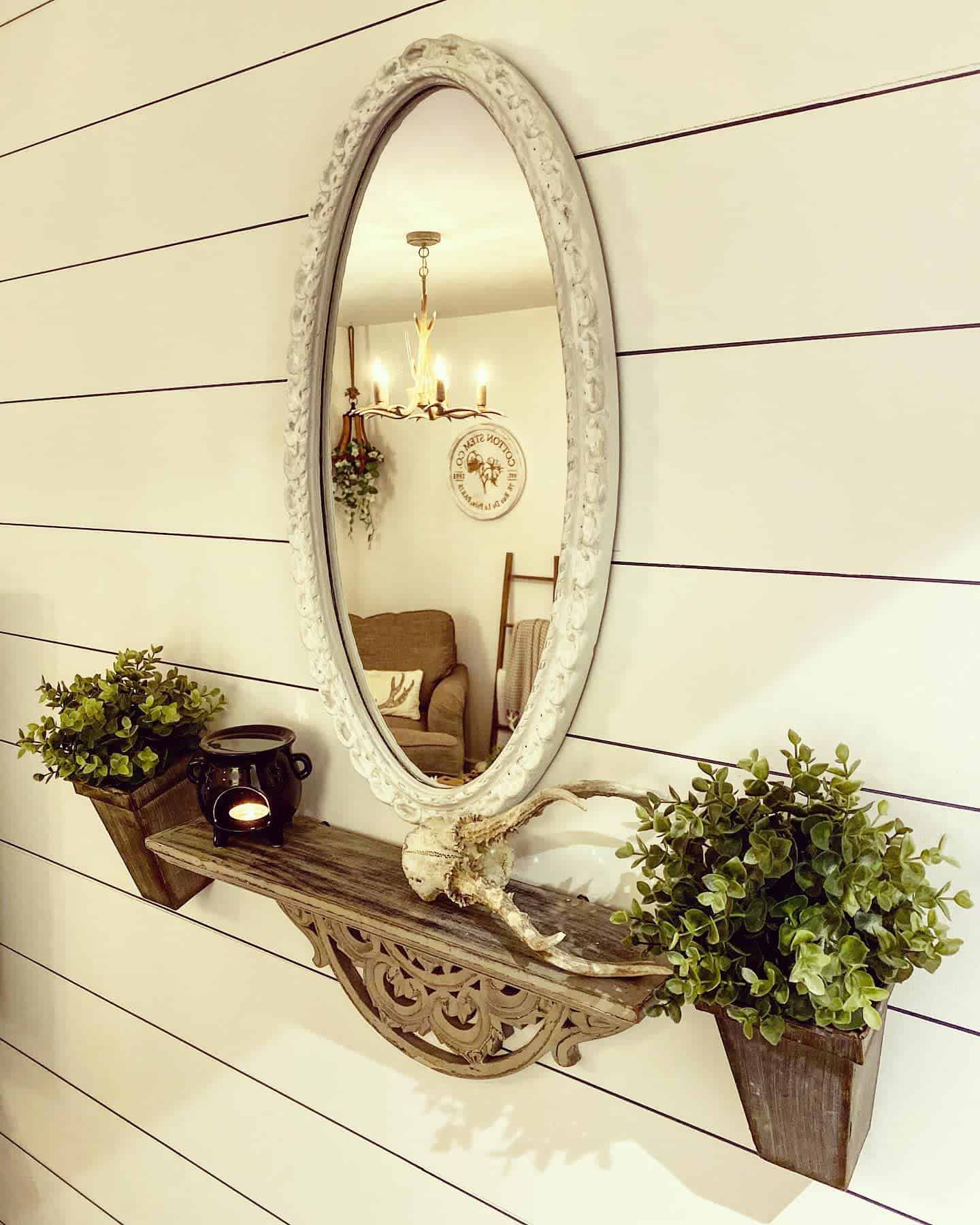 shiplap wall vintage mirror wood shelf hanging pot plants 