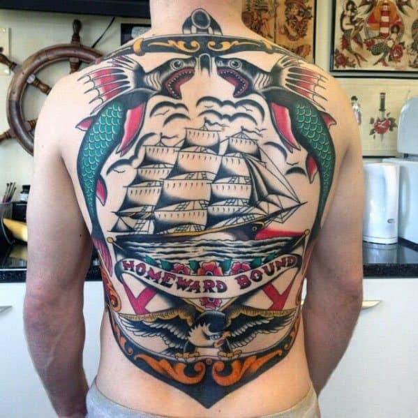 Vintage Anchor Sailing Ship Back Mens Tattoo Ideas