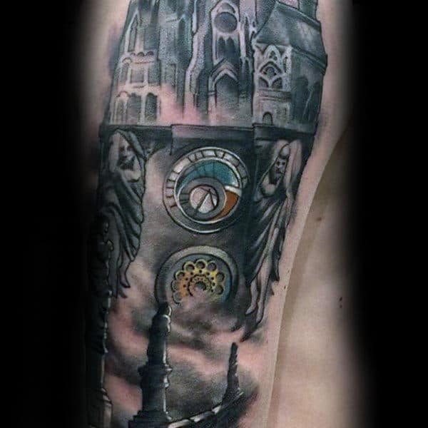 Vintage Building Shaded Mens Arm Tattoos