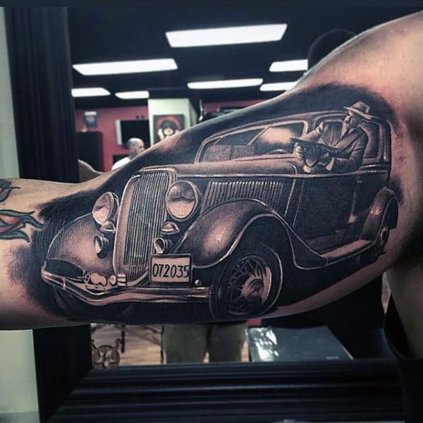 Vintage Car Mobster Gangster Mens Bicep Tattoos