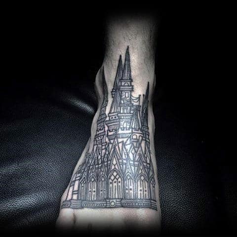 Vintage Castle Foot Tattoo For Men Outline Ink Style