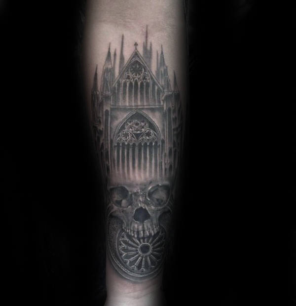 Vintage Church Building With Skull Design Mens Forearm Tattoo