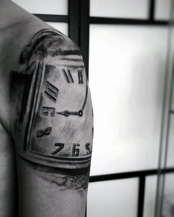 Vintage Clock Unique Arm And Shoulder Tattoo For Men
